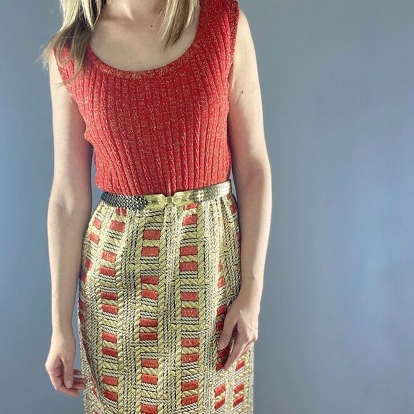 Vintage Gold Red Orange Hostess Maxi Party Dress. Union Label. - Picture 9 of 16